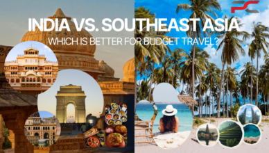 India vs Southeast Asia budget travel comparison showing split view of Indian city and tropical beach with daily cost, food, and transport highlights.
