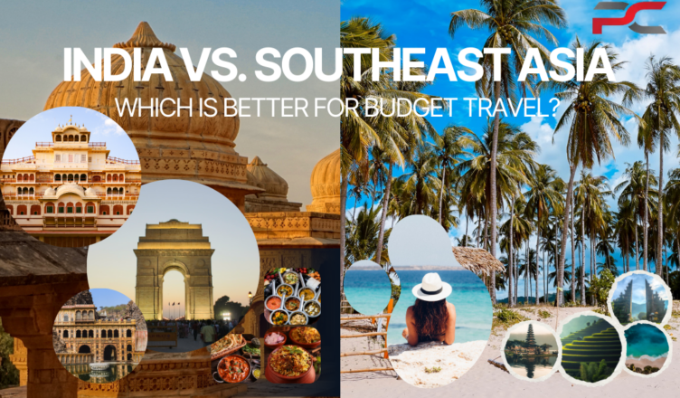 India vs Southeast Asia budget travel comparison showing split view of Indian city and tropical beach with daily cost, food, and transport highlights.