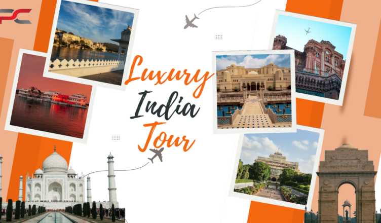 Luxury India tour showing Taj Mahal, royal palace hotel, safari experience, and cultural travel highlights