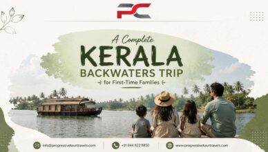 Family enjoying a peaceful Kerala backwaters trip beside a traditional houseboat surrounded by coconut trees and calm waters, promoting a family-friendly Kerala travel experience.