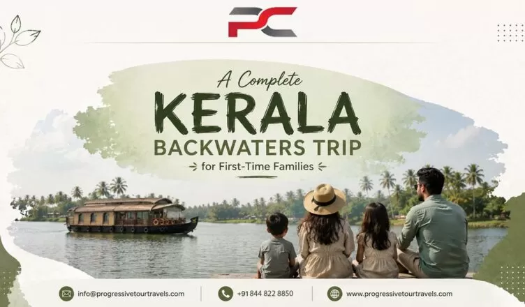 Family enjoying a peaceful Kerala backwaters trip beside a traditional houseboat surrounded by coconut trees and calm waters, promoting a family-friendly Kerala travel experience.