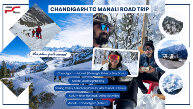 Collage-style travel banner for a Chandigarh to Manali road trip featuring snowy mountains, trekking scenes, travelers enjoying snowfall, scenic Himalayan landscapes, and itinerary highlights including Solang Valley, Rohtang Pass, Sissu, and Kullu river rafting.