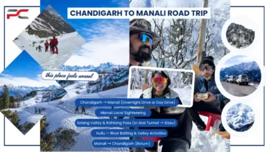 Collage-style travel banner for a Chandigarh to Manali road trip featuring snowy mountains, trekking scenes, travelers enjoying snowfall, scenic Himalayan landscapes, and itinerary highlights including Solang Valley, Rohtang Pass, Sissu, and Kullu river rafting.