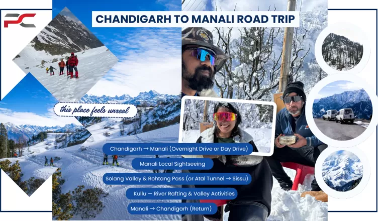 Collage-style travel banner for a Chandigarh to Manali road trip featuring snowy mountains, trekking scenes, travelers enjoying snowfall, scenic Himalayan landscapes, and itinerary highlights including Solang Valley, Rohtang Pass, Sissu, and Kullu river rafting.