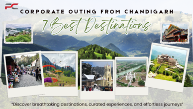 Collage-style travel banner showcasing “Corporate Outing from Chandigarh - 7 Best Destinations” with scenic mountain landscapes, paragliding, churches, forts, monasteries, and tourist attractions for office team trips.