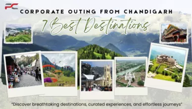 Collage-style travel banner showcasing “Corporate Outing from Chandigarh - 7 Best Destinations” with scenic mountain landscapes, paragliding, churches, forts, monasteries, and tourist attractions for office team trips.