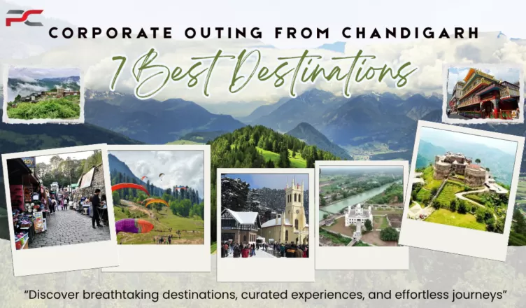 Collage-style travel banner showcasing “Corporate Outing from Chandigarh - 7 Best Destinations” with scenic mountain landscapes, paragliding, churches, forts, monasteries, and tourist attractions for office team trips.