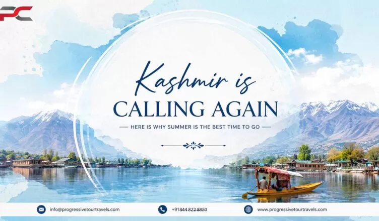 Scenic view of Kashmir’s Dal Lake with a traditional shikara boat, surrounded by snow-capped mountains and peaceful summer landscapes.