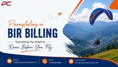 Adventure seekers enjoying paragliding in Bir Billing with colorful parachutes soaring above scenic Himalayan valleys and green mountain landscapes.