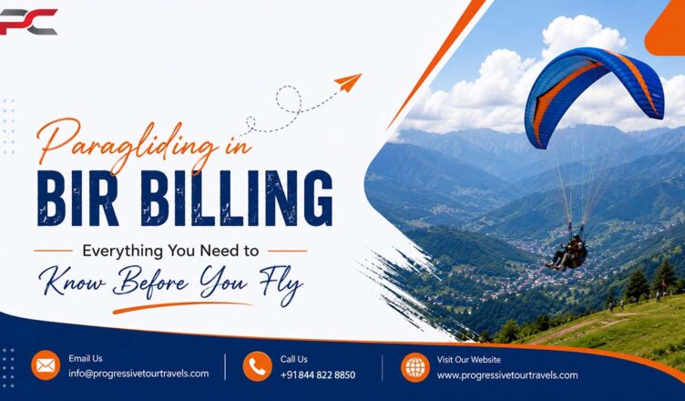 Adventure seekers enjoying paragliding in Bir Billing with colorful parachutes soaring above scenic Himalayan valleys and green mountain landscapes.