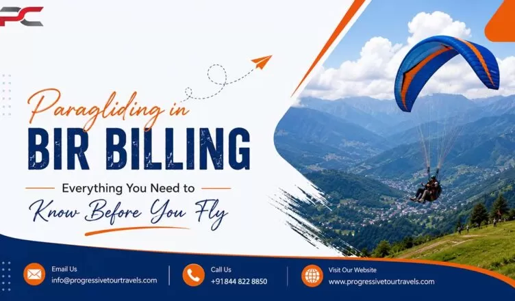 Adventure seekers enjoying paragliding in Bir Billing with colorful parachutes soaring above scenic Himalayan valleys and green mountain landscapes.