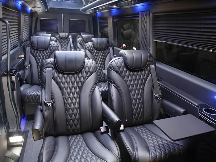 Reclining leather seats inside a luxury van